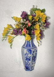 Hand-Painted Blue And White Ceramic Wall Vase With Faux Floral Arrangement - 11.5' Tall