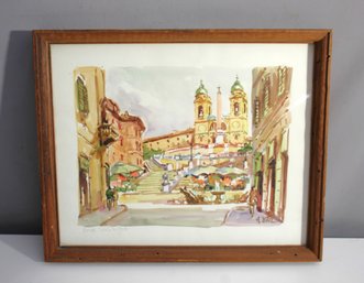 Charming Italian Watercolor Painting Of Trinit Dei Monti By R. Ortiz