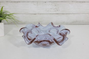 Vintage Murano Italian Art Glass Bullicante Bowl  Purple Ruffled Edge  9.5'
