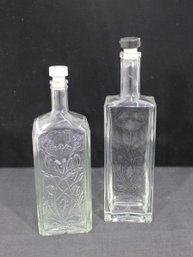 Pair Vintage Glass Liquor Bottles / Decanters Embossed Floral 10.5' & 12'