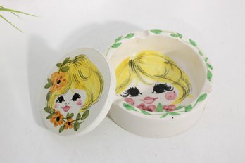Vintage Edward P. Paul Hand-Painted Ashtray  6' Round  Big Eyed Girl Design