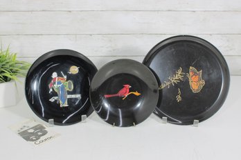 Couroc Of Monterey Inlaid Plates  Set Of 3  Cardinal, Butterfly & Asian Figure  8', 9', 10'