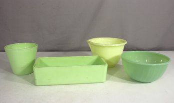 Vintage Fire King  Kitchenware Lot  Bowls, Cup, And Loaf Pan