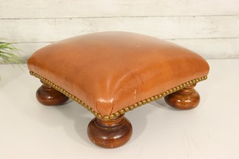 Vintage Leather Footstool Ottoman W/ Wood Bun Feet  7H X 13 X 13