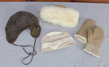 #326-Vintage Winter Accessories Lot  Shearling Mittens, Trapper Hat & Faux Fur Trim Hat