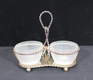 Antique Silverplate Double Open Salt / Berry Sugar Set Frosted Glass Bowls Rope Twist Stand