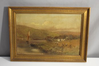 Tranquil Riverside Landscape Oil Painting, Signed By Artist