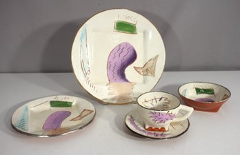 Vintage 1984 Patrick Loughran Studio Pottery  Hand-Painted 5-Piece Place Setting  Signed & Gilded