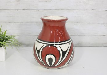 Signed Native American  Vase  M. Nighthawk (?) Red Black White Design 10'