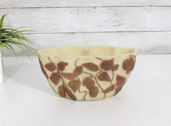 Vintage Art Glass Bowl  Cameo Style Leaf Design  Cream & Brown  8' X 4' (Chip Noted)
