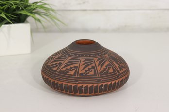 Signed Southwest Style Etched Pottery Vase  M.J. Shirley 2001  3.5H