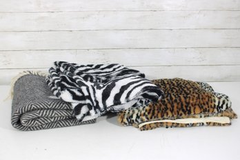 Set Of 3 Animal Print & Herringbone Throw Blankets  Zebra, Leopard & Gray  Mixed Sizes