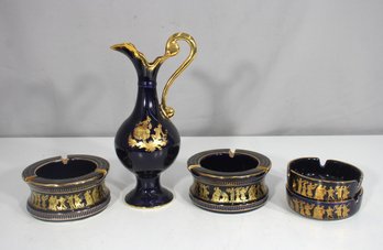 Vintage Greek Ceramic Set  Cobalt Blue & 24K Gold Hand-Painted  Pitcher & Ashtrays