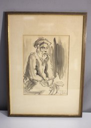 'Vintage Portrait By David Gilboa (1964) - Framed Ink Sketch Of Seated Elderly Man'