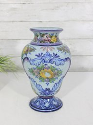 Hand Painted Portuguese Pottery Vase  Floral Blue Yellow Ceramic Vase 10' Portugal