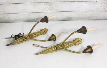Pair Vintage Brass Wall Sconces Double Arm Candle Style Lights 15'