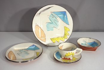 Vintage 1984 Patrick Loughran Studio Pottery  Hand-Painted 5-Piece Place Setting  Signed & Gilded