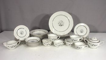 Vintage China Dinnerware Set  Floral Silver Trim  Some Cups With Chips- Partial