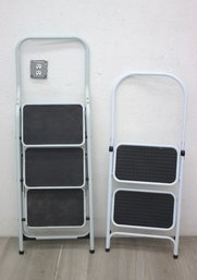 Two White Folding Step Stools - 2 Step And 3 Steps