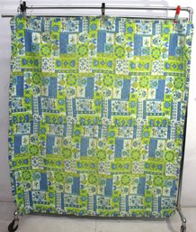 Vintage 1970s Floral Patchwork Quilt  75 X 59  Blue & Green Retro Design