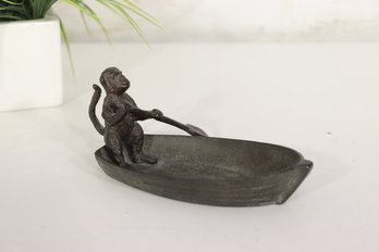 Vintage Cast Metal Monkey Rowing Boat Figural Dish / Trinket Tray  3 X 6 Long