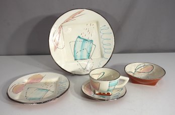 Vintage 1984 Patrick Loughran Studio Pottery  Hand-Painted 5-Piece Place Setting  Signed & Gilded