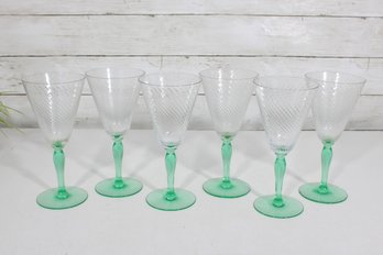 Vintage Tiffin Glass Company / Franciscan Art Deco Green Stem Spiral Optic Wine Glasses  Set Of 6  Uranium S