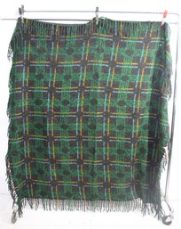 Vintage Wool Plaid Throw Blanket  72 X 63  Green & Black With Fringe