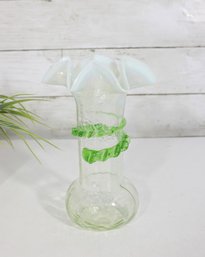 Antique Victorian Ruffled Glass Vase  Opalescent Crimped Rim W/ Applied Green Trail  7.5'