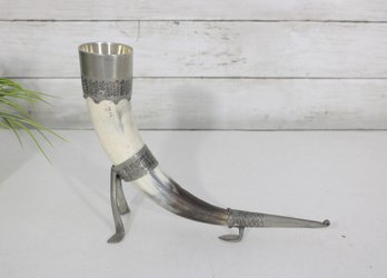 Vintage Drinking Horn W/ Pewter Mounts & Stand 7.5' Tall