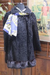 Vintage Black Persian Lamb Fur Swing Coat With Mink Trim  Elegant & Timeless  Size S/M
