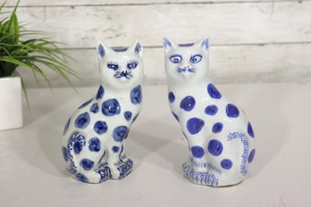 Pair Of Hand Painted Blue & White Porcelain Cat Figurines  6.5'H