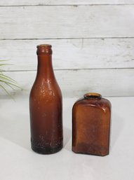 Pair Antique Amber Glass Bottles Embossed Soda Bottle & Flask 7.5'' & 4'