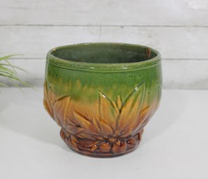 Vintage Majolica Jardinire Planter  Green & Amber Glazed Pottery  7.5' Diameter