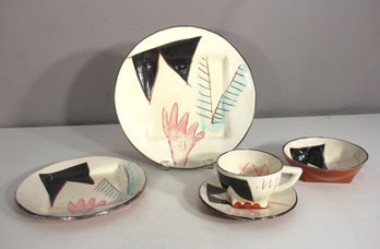 Vintage 1984 Patrick Loughran Studio Pottery  Hand-Painted 5-Piece Place Setting  Signed & Gilded