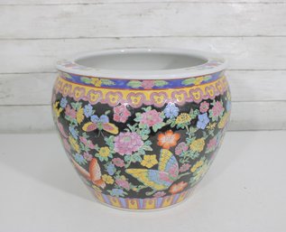 Vintage Chinese Porcelain Fish Bowl Planter  Famille Noire Style Butterfly & Floral  12' X 10'