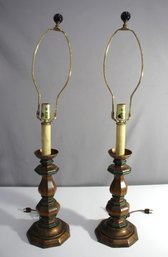 Pair Of Vintage Wooden Table Lamps With Brass Accents  Green Trim Detailing