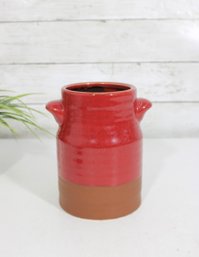 Vintage 6.5' Hand-Glazed Stoneware Kitchen Crock  Red & Terracotta Utensil Holder