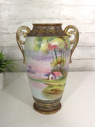 Antique Hand Painted Japanese 2-Handle Landscape Porcelain Vase  12H