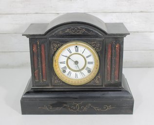 Antique Mantel Clock  Inlaid Case W/ Roman Numerals & Visible Movement  14.5' Wide
