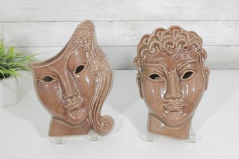 Vintage Pair Kay Finch Wall Pocket Masks  10' Mid-Century Ceramic Art  California Pottery