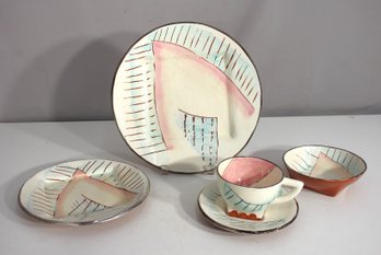 Vintage 1984 Patrick Loughran Studio Pottery  Hand-Painted 5-Piece Place Setting  Signed & Gilded