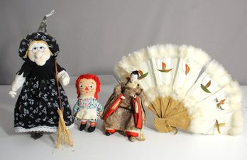 Vintage Doll And Decorative Fan Collection - Witch, Raggedy Doll, Japanese Doll, And Feather Fan