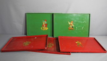 Set Of Five Vintage Folk Art Serving Trays-17.5' X 12'