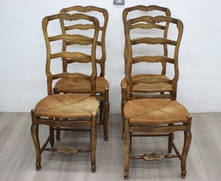 Set Of 4 Country French Fruitwood Rush Seat Dining Chairs