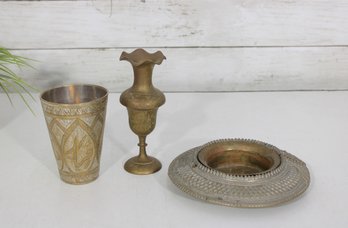 Vintage Brass & Metal Decor Group Lot Vase Cup Bowl India Middle Eastern