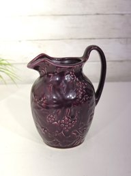 Vintage Stoneware Grape Relief Pitcher  Deep Plum / Amethyst Glaze  6.5'H
