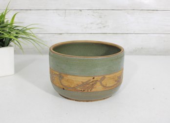 Signed V. Watt Studio Pottery Bowl  Hand Thrown Green Glaze W/ Incised Band  6' X 4'