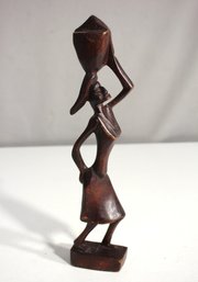 Hand-Carved 11' Wooden Figurine Of Woman Carrying Vessel - Tribal Art Style
