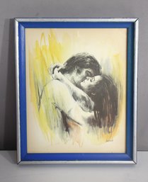 Vintage Signed Romantic Watercolor Painting  11 X 9  Embracing Couple